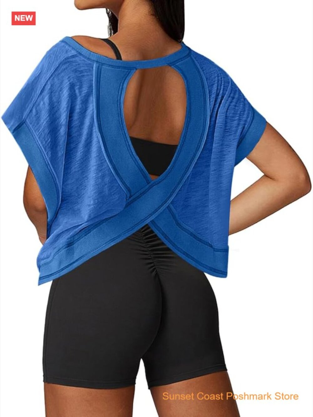 Loose Fit Athletic Crop Tee Open Back Boat Neck Short Sleeve Workout Top